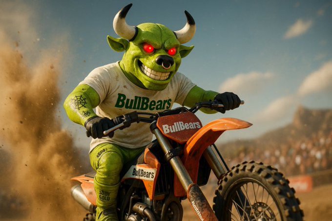 A 3D-rendered green bull character wearing a white 'BullBears' t-shirt and red glowing eyes rides a dirt bike with 'BullBears' branding, kicking up dust in a desert racing scene.