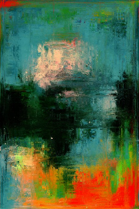 An abstract painting featuring textured brushstrokes in teal, green, orange, and red with darker vertical forms in the center creating a moody, atmospheric composition.