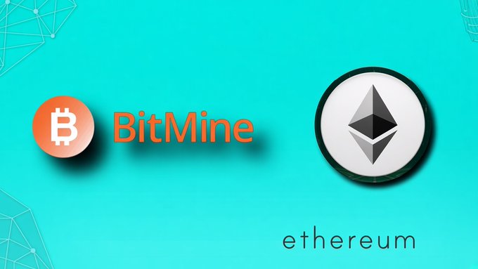 A teal graphic displaying the BitMine logo next to a Bitcoin symbol on the left, and an Ethereum logo with the word "ethereum" on the right.