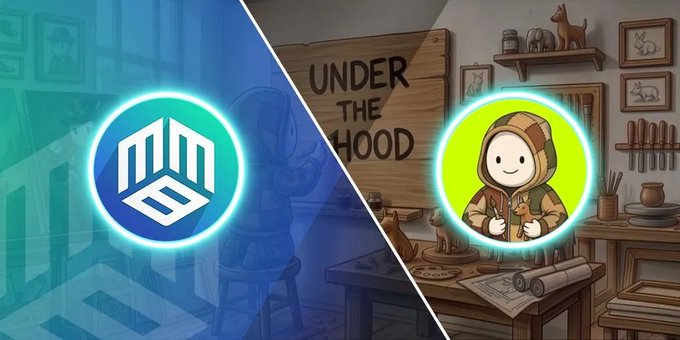 A split-screen promotional image showing two circular icons: a blue and white logo on the left and a green hooded character on the right, with a sign reading 'UNDER THE HOOD' in the background.