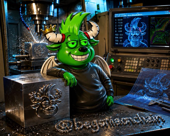 A green horned mascot character stands in a workshop next to a metal block engraved with its face, with the text '@lagrug.com' visible on the workbench.