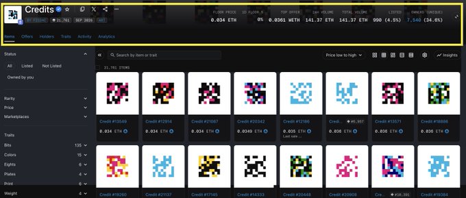 Screenshot of the Credits NFT marketplace showing a grid of pixelated artwork items with ETH prices, currently displaying 21,701 items.