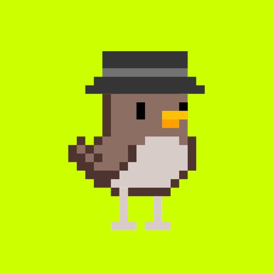 A pixel art bird character wearing a black top hat with a blue band, set against a bright green background.