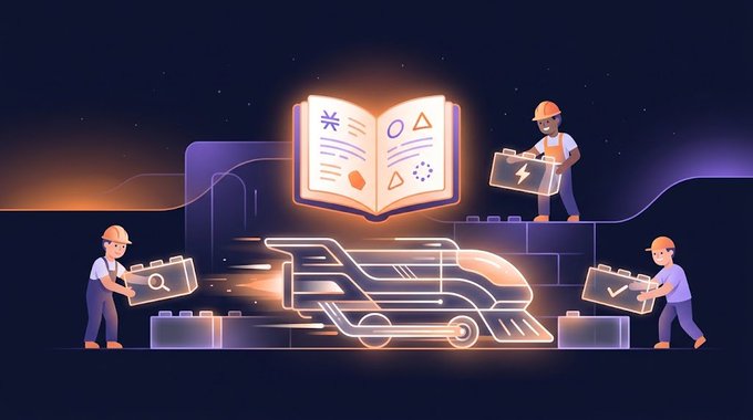 A digital illustration of workers in hard hats assembling battery components around a glowing futuristic train, with a book icon displaying the text '¥' above.