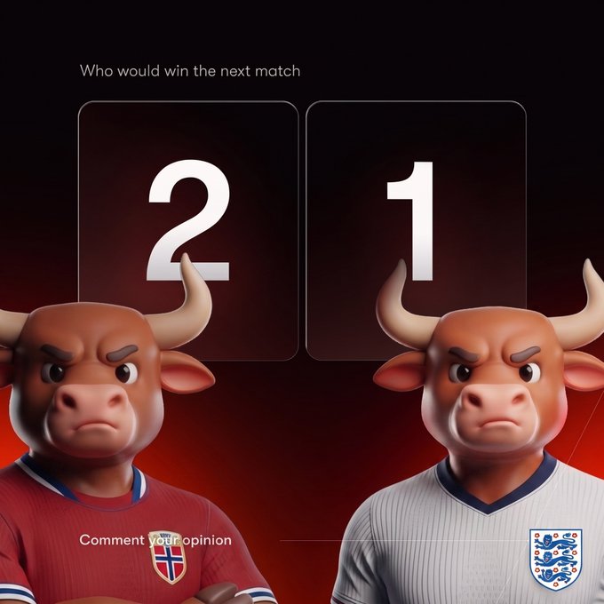 Two cartoon bull mascots—one wearing a Norway jersey and the other wearing an England jersey—stand beneath a scoreboard asking "Who would win the next match" with "Comment your opinion" displayed, visually promoting the giveaway's Norway vs England score prediction challenge.