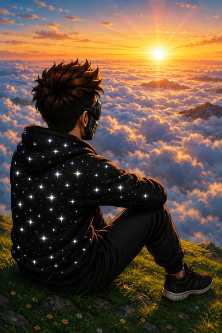 An anime-style digital illustration of a young man with spiky hair sitting on a grassy hill, wearing a black starry hoodie and a face mask, gazing at a vibrant sunset above the clouds.