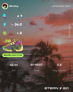 A user named Morokoy (walker #550237468) displays a STEPN GO app screenshot showing their Lvl 30 walking shoe with stats: 42.44 km distance, 07:19:57 time, and 5.8 avg speed, celebrating completing Season 2 of the Marathon in under 7.5 hours.