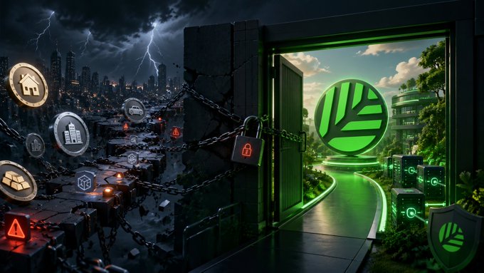 A digital artwork contrasting a dark, dystopian cityscape with storm clouds and chains against a bright green portal opening to a futuristic green eco-city with a leaf logo.