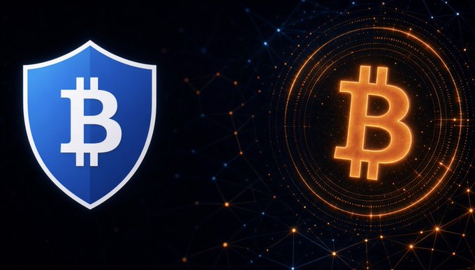 A graphic showing two Bitcoin logos against a dark background with a network pattern: a blue shield with a white 'B' on the left and a glowing orange 'B' surrounded by concentric circles on the right.
