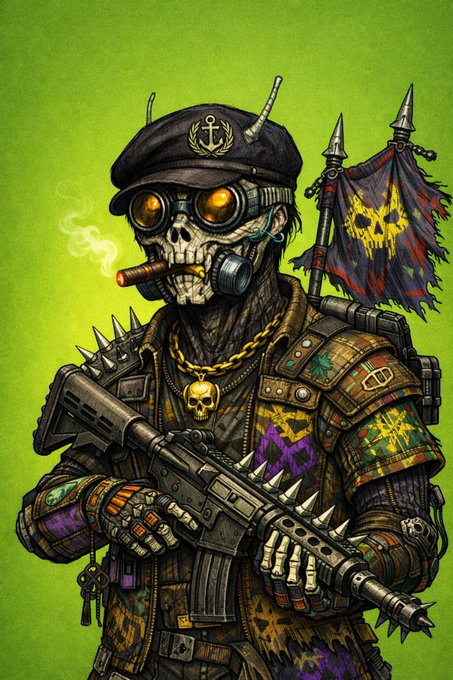 A stylized illustration of a skeleton character wearing a captain's hat, goggles, a gas mask with a cigar, and a spiked tactical vest, holding a large assault rifle with a skull-adorned flag behind it.