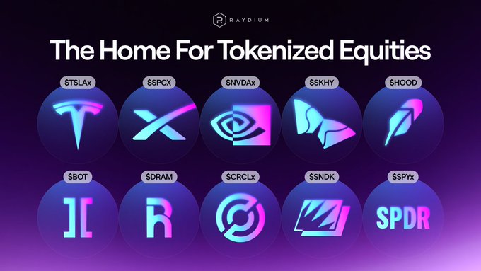 A promotional graphic for Raydium titled "The Home For Tokenized Equities" displays 10 circular icons representing tokenized stocks, including tickers $TSLAx, $SPCX, $NVDAx, $SKHY, $HOOD, $BOT, $DRAM, $CRCLx, $SNDK, and $SPYx, each with distinctive logos on a purple gradient background.