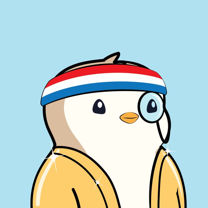 A cartoon penguin wearing a red, white, and blue striped headband and a yellow shirt with sparkles, set against a light blue background.