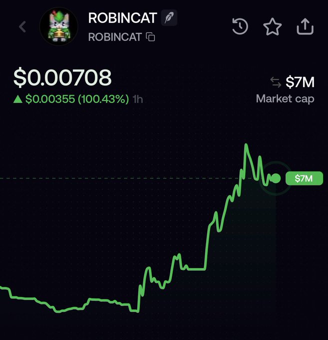 A cryptocurrency price chart displaying the ROBINCAT token at $0.00708, up $0.000355 (100.43%) over 1 hour, with a $7M market cap and a green line showing a sharp upward price spike.