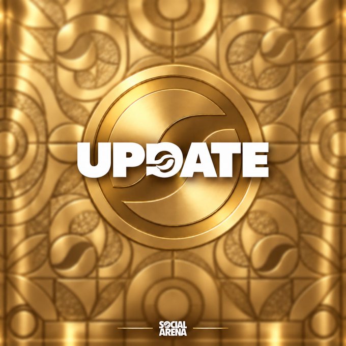 A digital graphic with an ornate golden background displaying a large circular emblem and the word 'UPDATE' in bold white letters, with a 'SOCIAL ARENA' logo at the bottom.