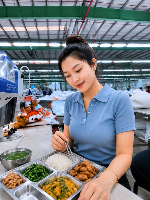 An Asian woman in a blue polo shirt sits in what appears to be a garment factory, eating a meal of rice, vegetables, and meat from a stainless steel divided tray.