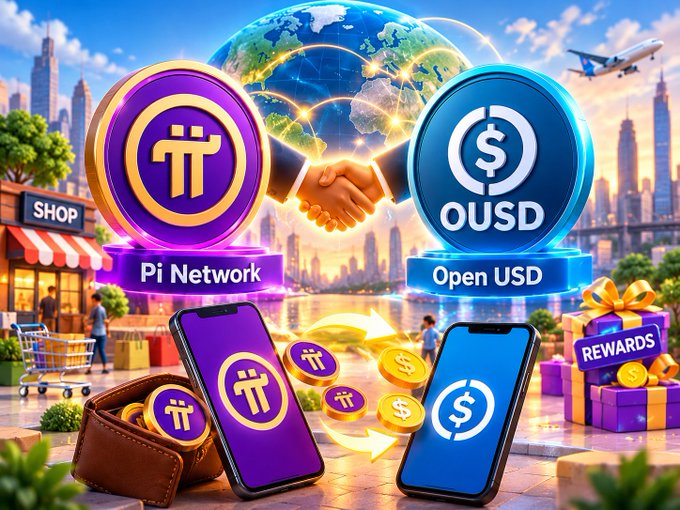 A promotional graphic for Pi Network featuring coins and smartphones exchanging with Open USD, set against a colorful cityscape background.