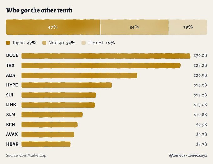 A bar chart titled 'Who got the other tenth' showing cryptocurrency market distribution, with the Top 10 representing 47%, Next 40 at 34%, and The rest at 19%. Below, Top 10 coins are listed with their values including DOGE ($30.0B), TRX ($28.2B), ADA ($20.5B), HYPE ($16.0B), SUI ($13.2B), LINK ($13.0B), XLM ($10.8B), BCH ($9.9B), AVAX ($9.3B), and HBAR ($8.7B). Source: CoinMarketCap, by @zeneca-zeneca.xyz.