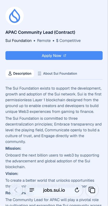 A job listing on jobs.sui.io for an "APAC Community Lead (Contract)" position with the Sui Foundation, shown as a remote role with competitive pay, aligns with the post noting that Sui is hiring a new Asia-Pacific community lead following the previous one's controversial tenure, with hopes that the new hire will better serve Chinese-speaking community members.
