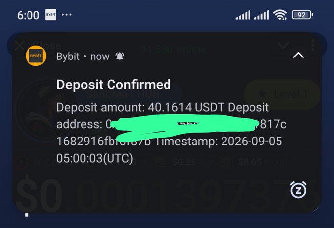 A screenshot of a Telegram notification from Bybit showing a "Deposit Confirmed" message for 40.1614 USDT at address ending in "817c" on timestamp 2026-09-05, likely used to falsely prove a legitimate deposit in support of a Brivox airdrop claim scheme.