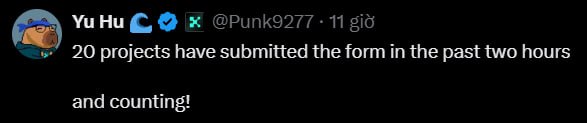 A screenshot of a tweet from Yu Hu (@Punk9277) stating '20 projects have submitted the form in the past two hours and counting!'.