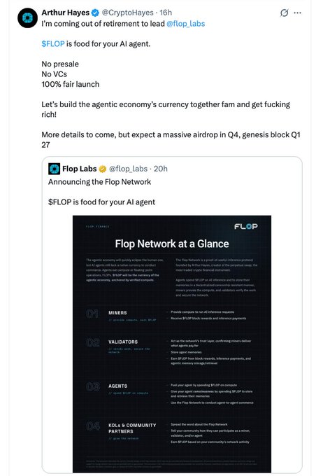 The image shows an X post by Arthur Hayes (@CryptoHayes) announcing he's "coming out of retirement to lead @flop_labs," highlighting $FLOP as "food for your AI agent" with a 100% fair launch (no presale, no VCs) and a planned massive airdrop in Q4 with genesis block in Q1 2027. Below his post is a quote tweet from @flop_labs introducing the Flop Network at a Glance, detailing four participant roles—Miners, Validators, Agents, and KOLs & Community Partners—who earn $FLOP by supporting AI-driven commerce infrastructure.