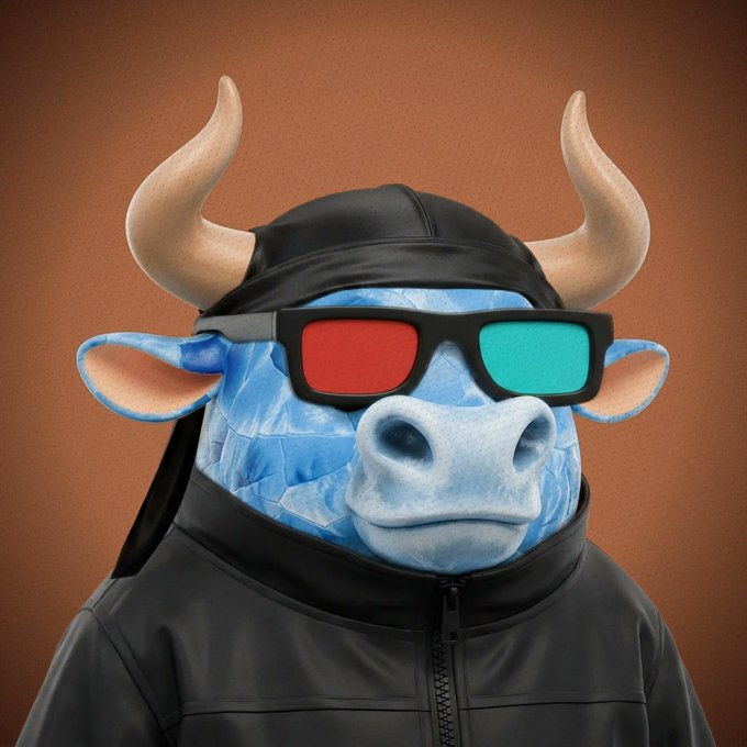 A 3D render of a blue bull-like figure wearing red and cyan 3D glasses, a black cap, and a black leather jacket against a brown background.