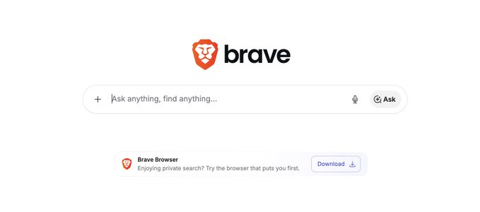 The Brave search engine homepage features the orange lion logo, a search bar reading 'Ask anything, find anything...', and a promotional banner for the Brave Browser.