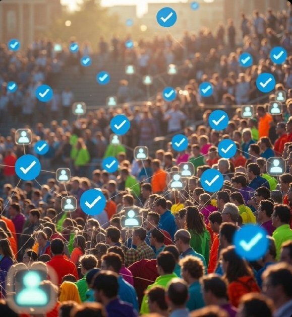A digital illustration of a dense crowd of people overlaid with a network of blue checkmarks and user profile icons, symbolizing verified users or identity confirmation on a social network.