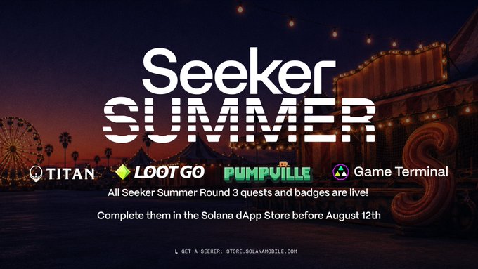 A 'Seeker Summer' promotional graphic features a carnival scene at sunset with logos for TITAN, LOOTGO, PUMPVILLE, and Game Terminal, promoting Solana dApp quests.