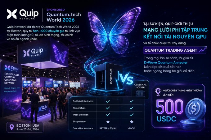 An advertisement for Quantum.Tech World 2026 in Boston, USA (June 25-26, 2026), sponsored by Quip Network, featuring a glowing purple butterfly and promoting a 'Quantum Trading Agent' with a 500 USDC reward.