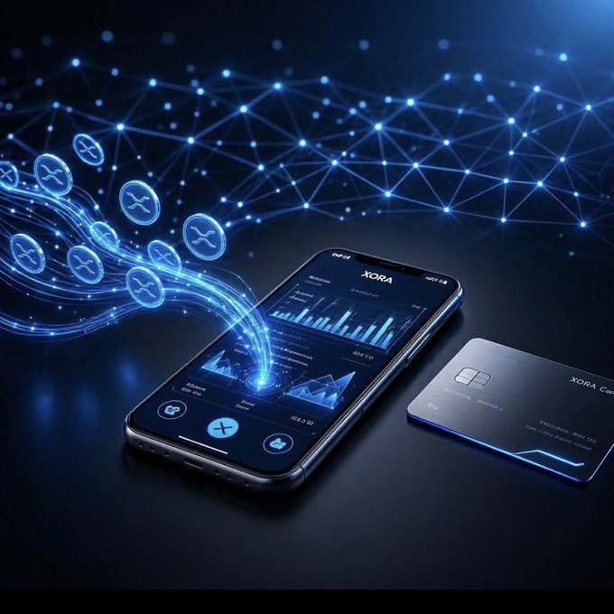 A futuristic 3D render of a smartphone labeled 'XORA' displaying financial charts, alongside a 'XORA Card,' with glowing blue XRP tokens (Ripple) flowing from a network mesh into the phone, symbolizing crypto payments.