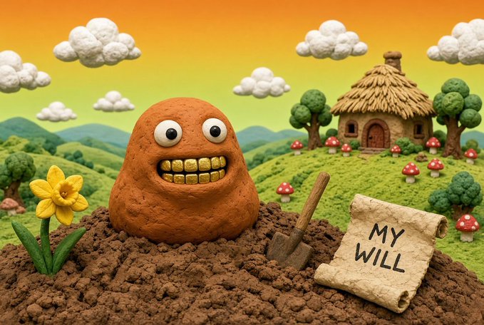 A cheerful claymation-style clay monster with gold teeth peeks out of a dirt mound next to a scroll labeled "MY WILL," set against a whimsical cartoon landscape with a thatched cottage, mushrooms, and clouds under an orange sky. The "MY WILL" scroll visually reinforces the "will" of the community wanting the br0s project to open public minting for Robint00ns, as mentioned in the post.