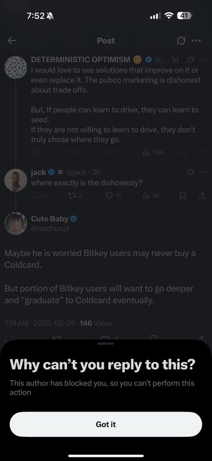 A Twitter/X screenshot showing a thread between @_ (Deterministic Optimism) and @jack discussing Pubco marketing honesty, with a popup at the bottom stating "Why can't you reply to this? This author has blocked you, so you can't perform this action."