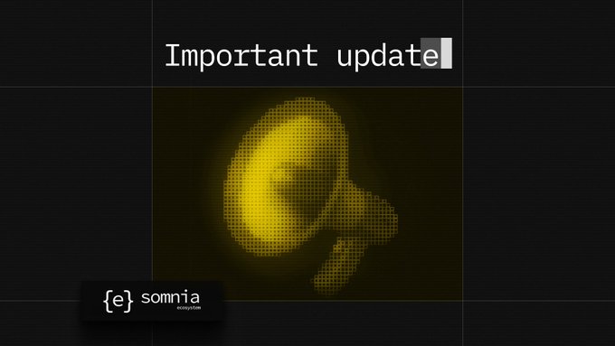 A dark screen displaying the text 'Important update' above a halftone yellow graphic and the somnia ecosystem logo.