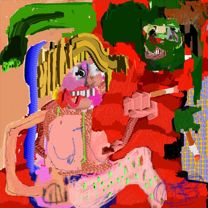 The image features a digital art piece that depicts two cartoon characters, one with blonde hair wearing pink lipstick and the other with green hair holding a cigarette. The artwork has an abstract style, with splatters of red paint covering the canvas. The caption below the image reads "GM! Many thanks to dear @DagieDee for bidding on Stairwell argument Current bid: 200 XTZ 5 days remains to bid!".