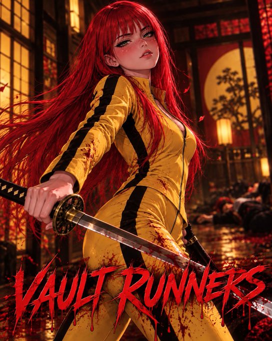Anime-style promotional artwork for 'Vault Runners' depicting a red-haired female character in a yellow martial arts outfit holding a katana in a Japanese setting.