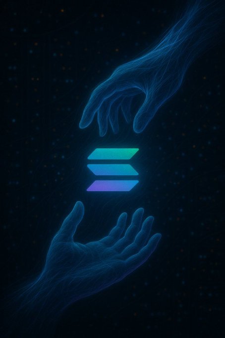 A stylized digital artwork showing two glowing blue wireframe hands reaching toward a floating Solana (SOL) logo against a starry dark background.