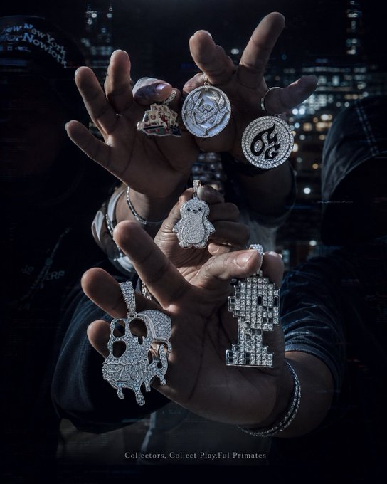 Multiple hands display elaborate diamond-encrusted pendants—including a skull, ghost, skeleton, skull with crossbones, and "RIP" plaque—against a nighttime city backdrop, with the caption "Collectors, Collect Play.Ful Primates" at the bottom, visually embodying the post's theme that real-world flex and action outweigh mere words.