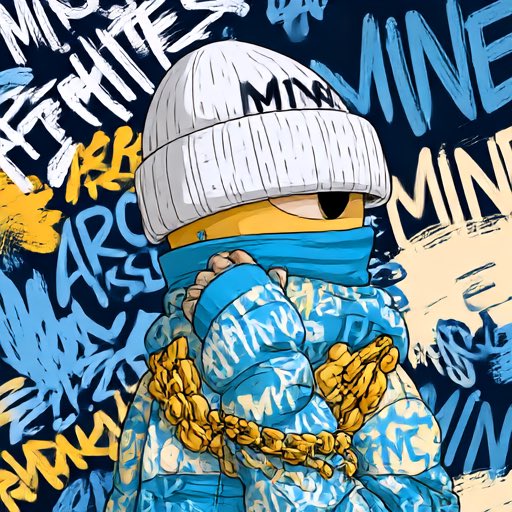 A street art-style illustration of a yellow character wearing a white beanie with "MINI" written on it, a blue mask, and a gold chain, surrounded by graffiti text including "WHITE" and "NINE".