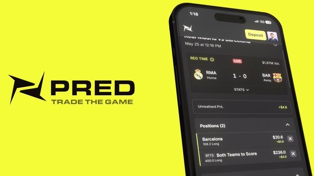 A promotional graphic for "PRED - TRADE THE GAME" featuring the platform's logo on a yellow background alongside a smartphone mockup showing live sports betting positions for a Real Madrid vs Barcelona match.