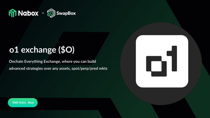 The image features a website called "swapbox.io" with a green background, white text, and an image of a black and white logo for a cryptocurrency exchange. The main focus of the image is a white square that reads "01 exchange (O)". This square is located in the center of the image, surrounded by other elements such as a green background and a white border. The website's title appears to be "swapbox.io" with an additional text reading "Swap! onchain Exchange @o1_exchange Tap #NaboxWallet Swap!".
