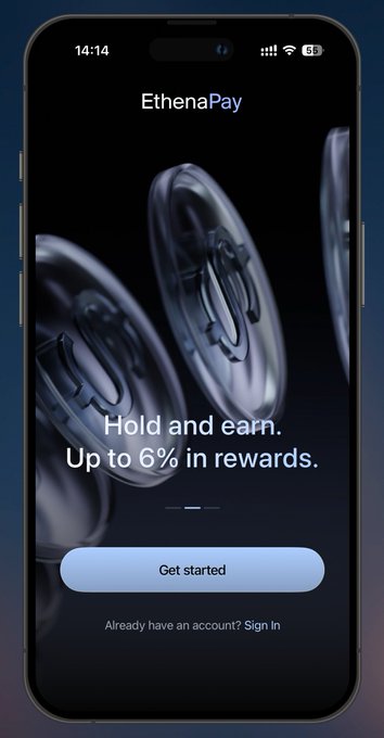 The image shows a mobile app welcome screen for "EthenaPay" featuring the tagline "Hold and earn. Up to 6% in rewards." with a "Get started" button, promoting the newly launched onchain neobank mentioned in the post.