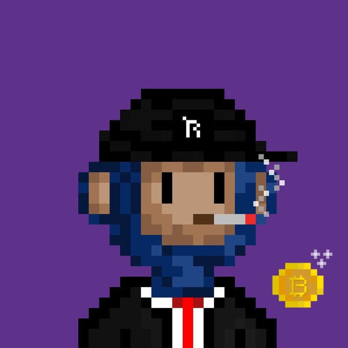 A pixel art character with blue skin, wearing a black cap with a logo, smoking a cigarette, with a gold Bitcoin coin nearby, set against a purple background.