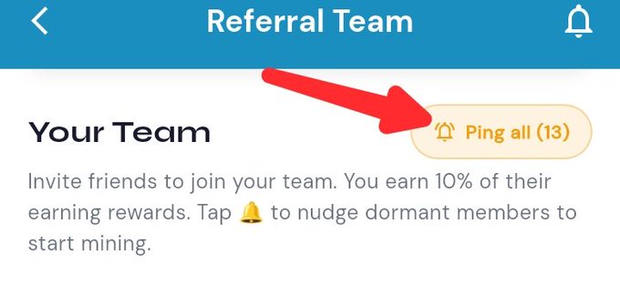 A mobile app screen titled 'Referral Team' shows a 'Your Team' section with a red arrow pointing to a 'Ping all (13)' button, explaining that inviting friends yields 10% of their earning rewards.