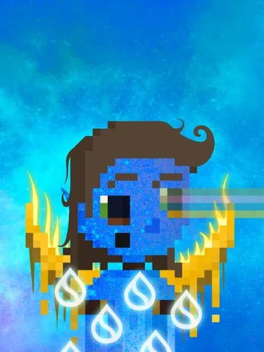 A pixelated blue character with flowing brown hair, fiery golden wings, and glowing water droplet accents floats against a cosmic blue background, embodying the ethereal and visionary spirit of the "Gm There is no tomorrow" greeting.