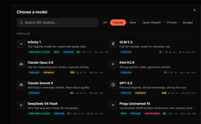 A dark-themed interface showing a 'Choose a model' menu with options including Infinity 1, Claude Opus 4.8, and GPT-5.5, displaying pricing and popularity tags.