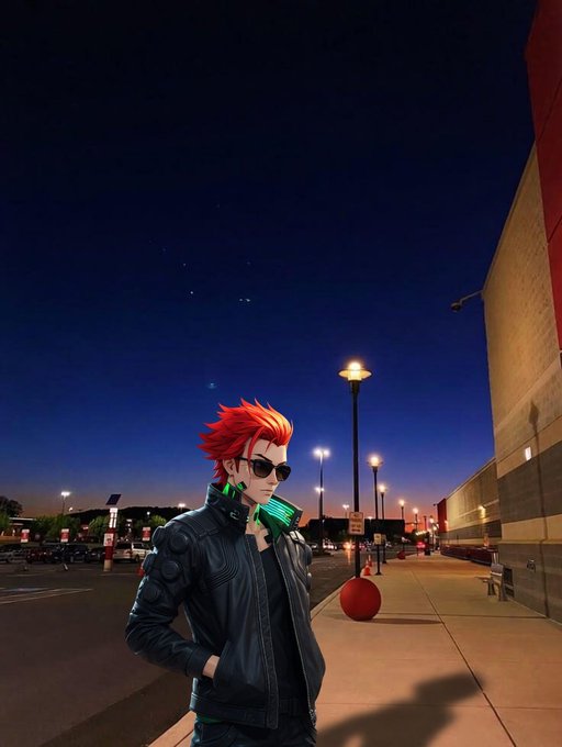 A stylized image of a character with spiky orange hair, sunglasses, and a black jacket standing in a parking lot at night. A glowing red ball sits on the ground in front of them.