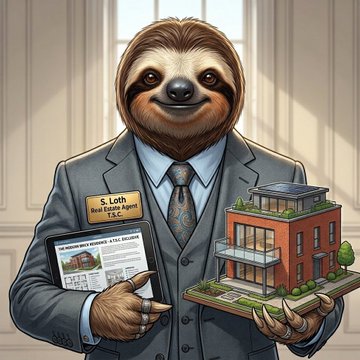The image depicts an anthropomorphic sloth character named "S. Loth" wearing a gray business suit and tie, holding a tablet displaying a real estate listing in one hand and a detailed model of a brick building/house in the other, with a name badge that appears to read "S. Loth, Head Colossus, S.C." This visual aligns with the post's pitch for "Slow & Steady Realty," presenting S. Loth as a calm, methodical top-rated agent who contrasts humorously with fast-talking competitors, while also serving as NFT/crypto art for the "TrendySlothClub."