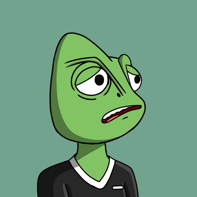 A cartoon illustration of a green frog-like character with a tired expression wearing a black shirt.