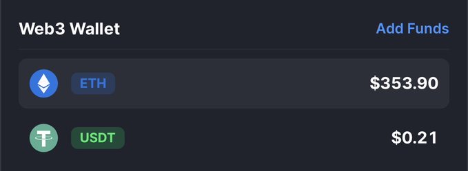 The image shows a Web3 wallet displaying balances of $353.90 in ETH and $0.21 in USDT. This relates to the post about withdrawing winnings, with the total ETH value slightly surpassing the advertised $200 win after holding.